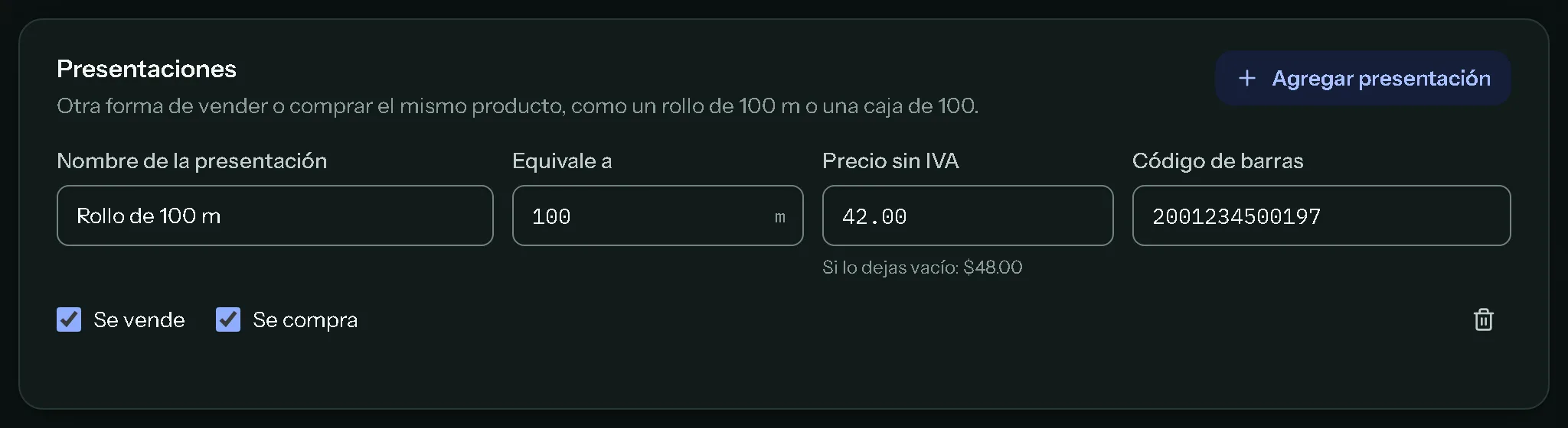 Ficha del cable sólido #12 en Mostrador: la presentación Rollo de 100 m, que equivale a 100 m, a $42.00 sin IVA y con su propio código de barras.